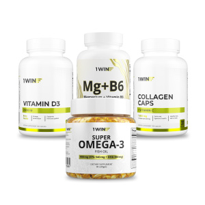 1WIN / Набор витаминов, Omega-3 900мг 90 капсул + Коллаген с витамином С 155 капсул + Магний+В6 120 капсул + подарок Витамин D3 2000 МЕ 60 капсул