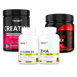 1WIN / Набор витаминов: Креатин вкус Малина 200гр + Предтрен вкус Кола-Лимон 35 порций + ZМА 90 капсул + подарок Витамин D3 2000МЕ 60 капсул
