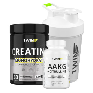 1WIN / Набор для спортсмена. Креатин Нейтральный вкус 200г + Шейкер белый 400 мл + подарок AAKG 90 капсул  1WIN / Набор для спортсмена. Креатин Нейтральный вкус 200г + Шейкер белый 400 мл + подарок AAKG 90 капсул