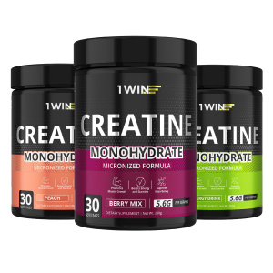 1WIN / Креатин моногидрат. Набор из 3х банок. Вкус: Энергетик, Ягодный микс, Персик, 200г.