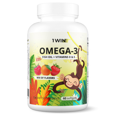 1WIN / МИКС Omega-3 Kids+Vitamins D&E. Вкус: клубника, малина, апельсин, 60 капсул